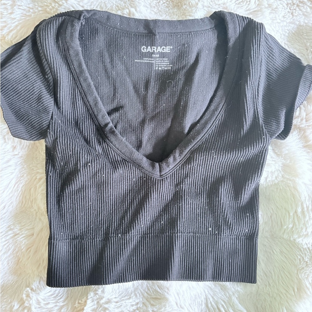 Garage Deep V-Neck Black Crop Top